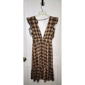 NWT Size Medium Olivaceous Dress Mustard / Navy Blue Floral Midi Flutter